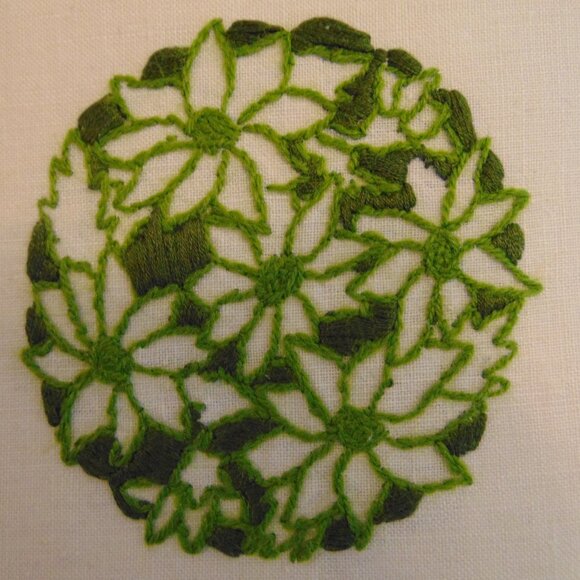 Vintage Ivory Pillow with Green Floral Embroidery, Handmade, 16 in x 14.5 in - Picture 3 of 8